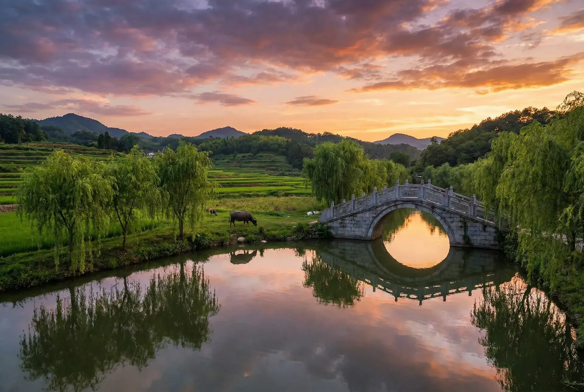 夕阳下的石拱桥与垂柳，水牛在河边吃草 - 北条麻妃西瓜 乡村美景